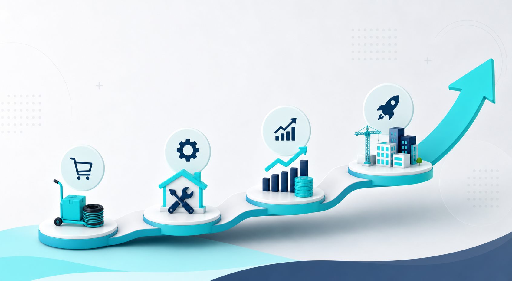 Graphical rising pathway showing supply, works, revenue growth, and future expansion