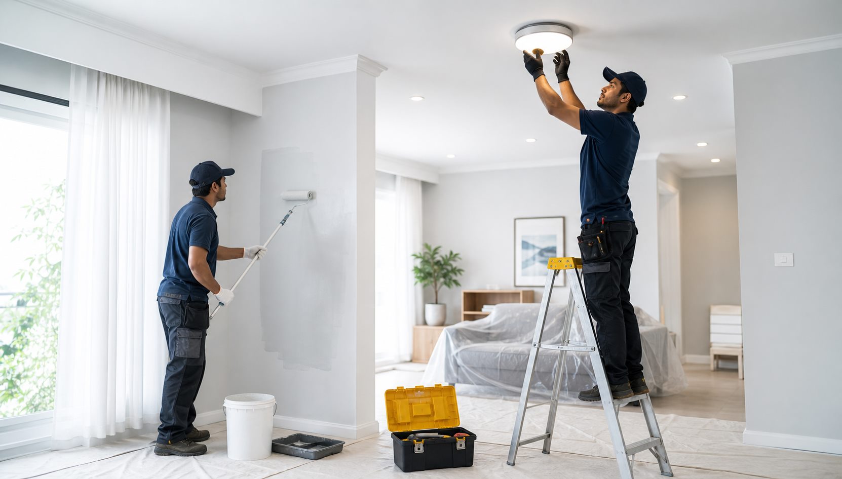 Worker painting an interior wall while another worker fixes a ceiling light