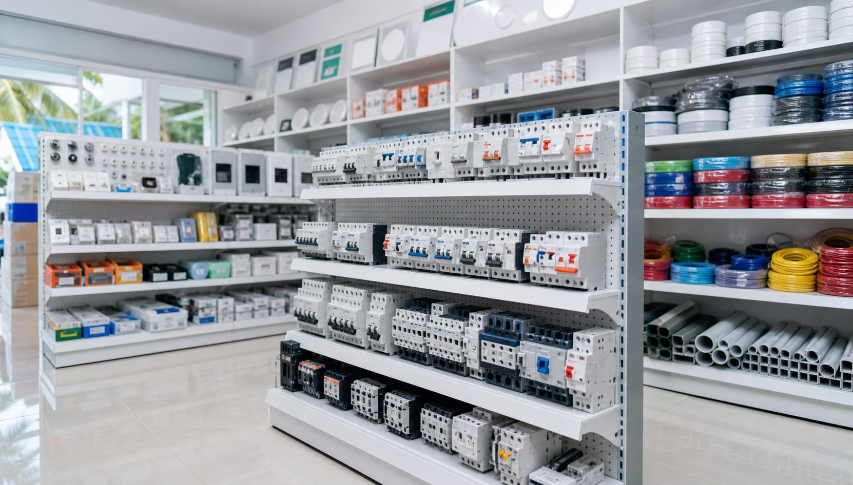Electrical breakers, wiring materials, lighting products, and hardware supplies arranged for wholesale and retail trade