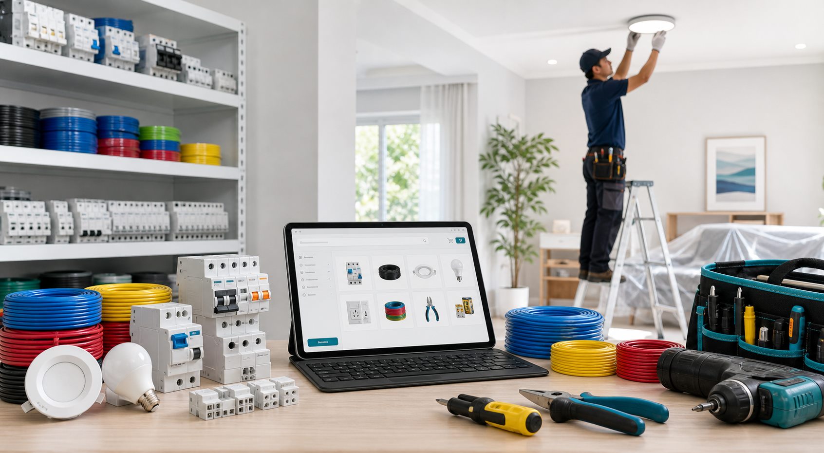 Electrical supplies, online ordering, and light maintenance work shown together
